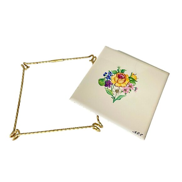 Vintage Tile Pot Holder Trivet with Metal Stand made Czchoslovakia hand painted. - Picture 2 of 9